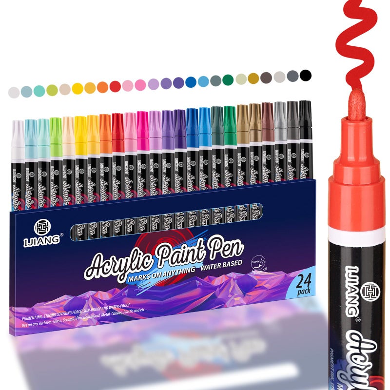 IJIANG Acrylic Paint Marker Pens-24 Colors Permanent Oil Based Acrylic Paint Pen, Medium Tip, Quick Dry and Waterproof Assorted Color Paint Pen for Metal, Wood, Plastic, Stone, Mugs, Canvas, Glass, Art Craft - Image 1